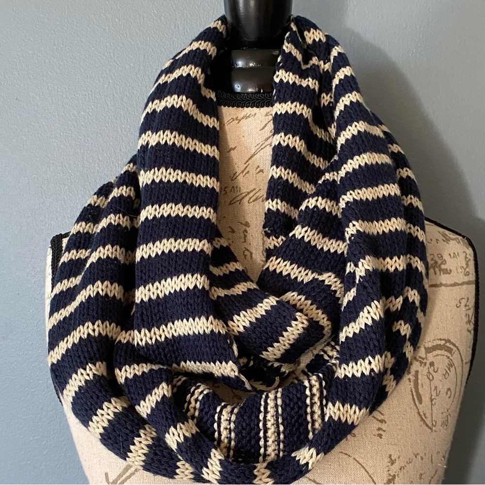 Striped Navy and Cream Infinity Scarf Chunky Knit Coastal Nautical Classic Cozy